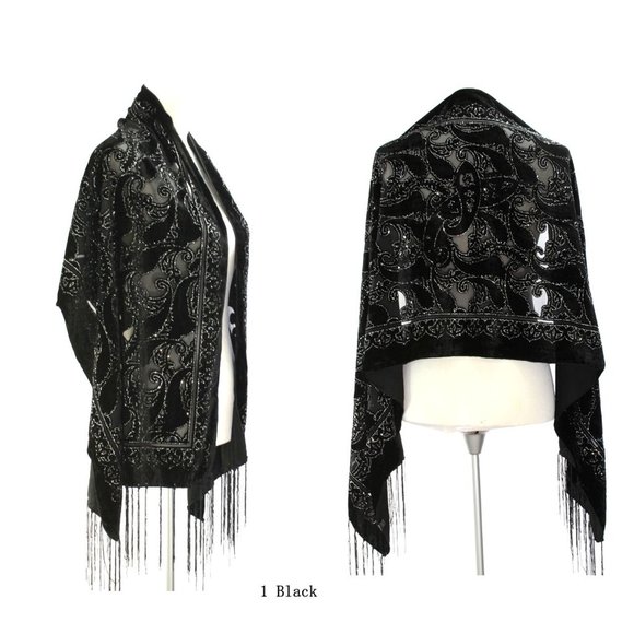 Black Silk Burnout Velvet Long Shawl Wrap Scarf - Picture 4 of 5